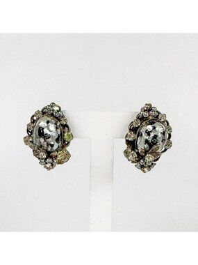 Vintage Original By Robert Glass Cabochon Rhinestone Floral Clip On Earrings